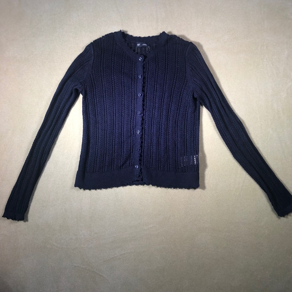 GAP Cardigan Women XS Navy Blue Linen Blend Pointelle Knit Button Front